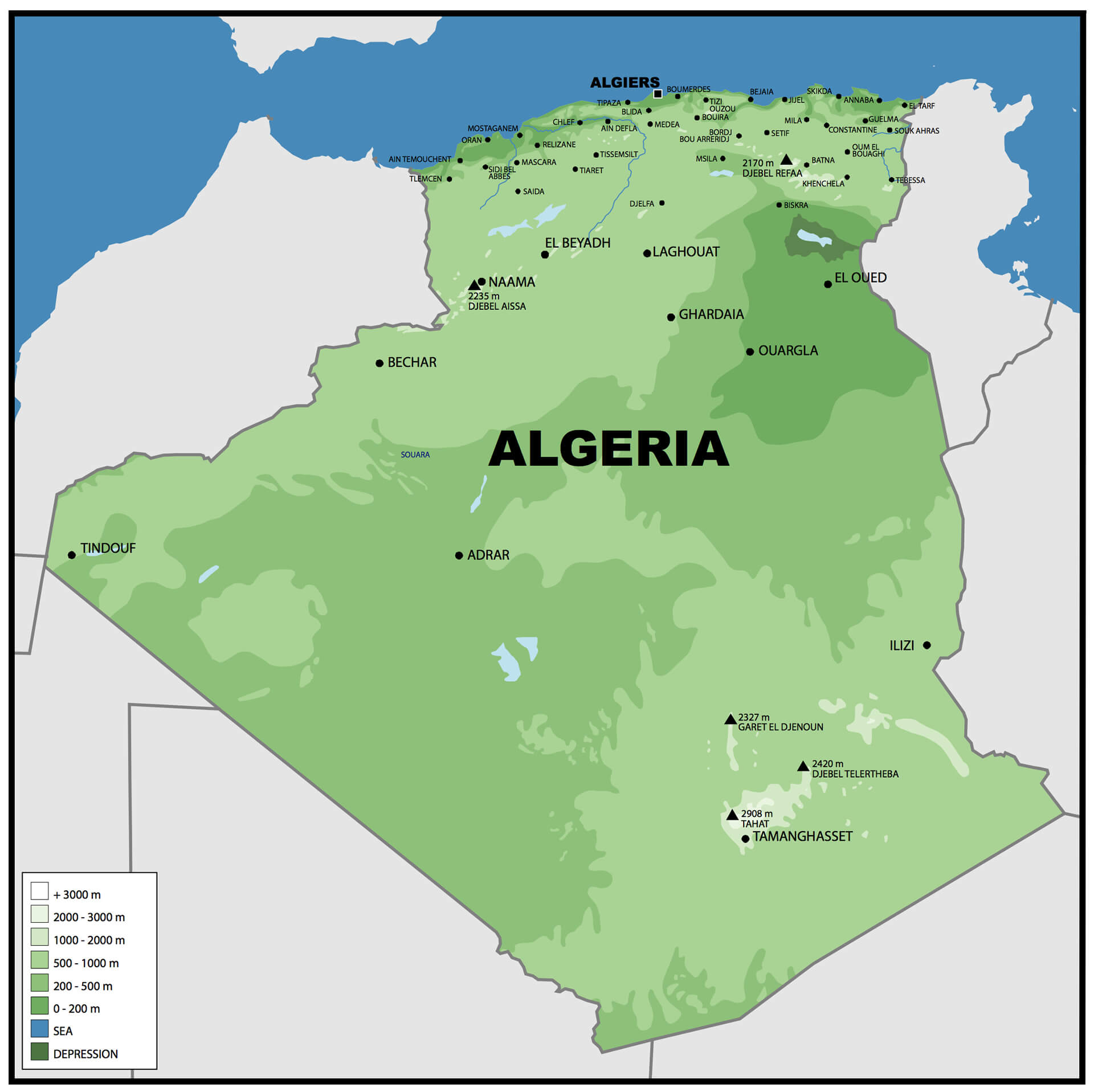 Physical Map of Algeria with Cities